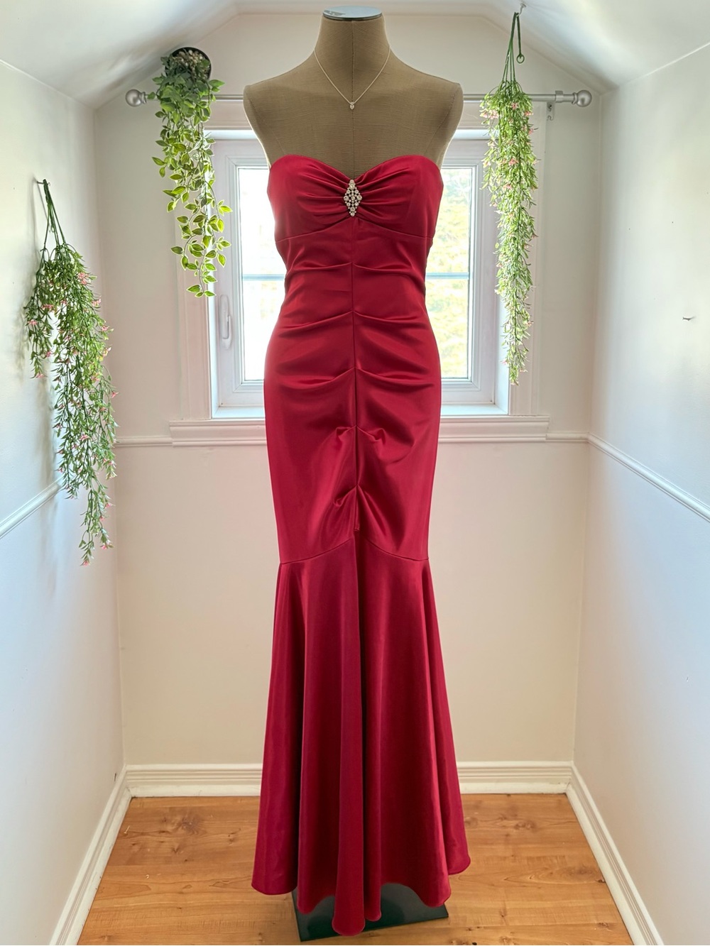 Anita Strapless Red Ruched Mermaid Gown with Rhinestone Accent
